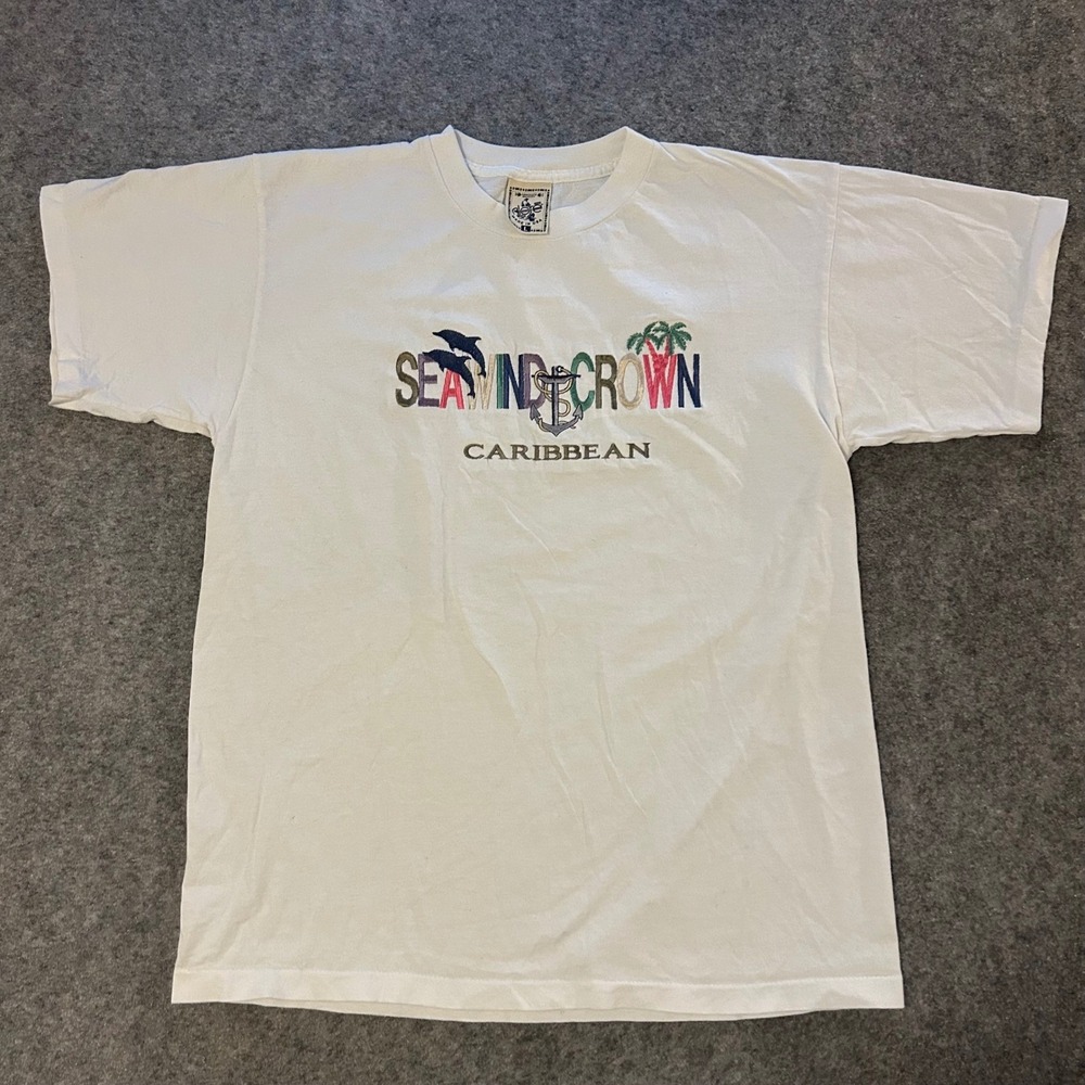 Vintage 90s‎ Alore Seawind Crown Caribbean Embroidered Surf Beach Dolphin Tee Lg